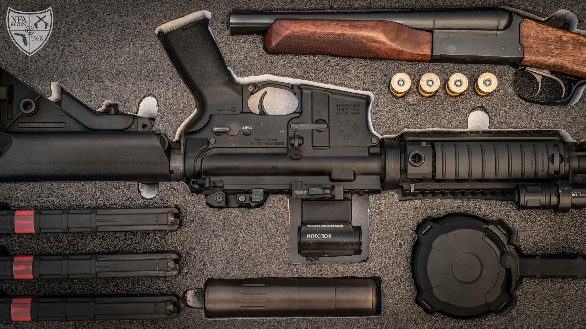 Southeast Arms Inc Bears Bark 20G SBS, MK18 MOD0 Select Fire. Advanced Armament Corp. M42K suppressor. Magpul Industries Corp. D60