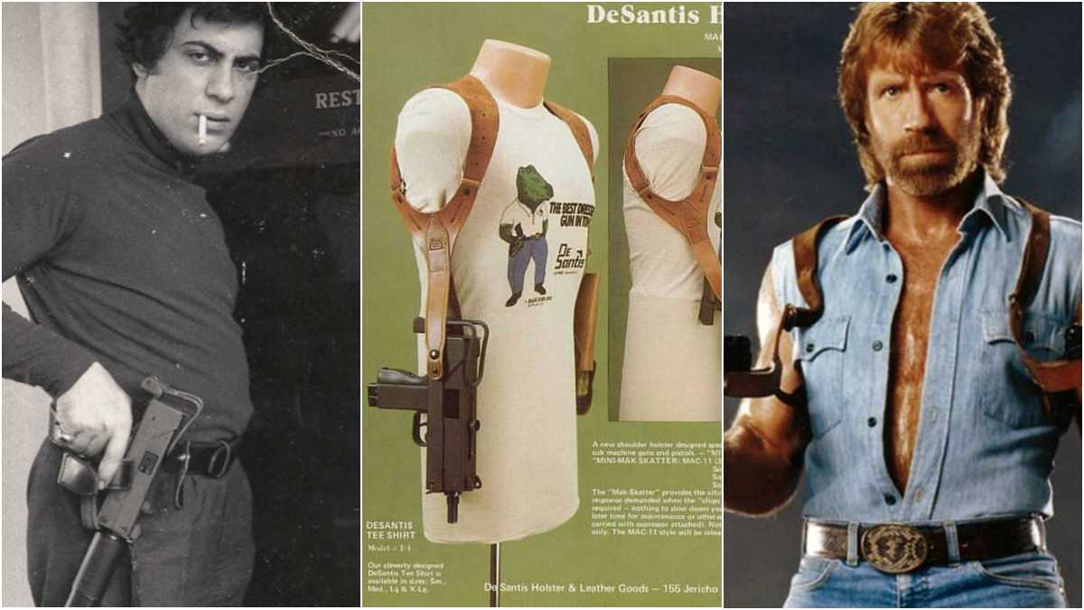 Here we see SevenTrees compact holster/gun savant Paris Theodore with a holstered M10, as well as a later Desantis rig for carrying the gun under a jacket. If the rig looks familar, Chuck Norris wore a similar one for a pair of MAC-ish Micro Uzis in the 1985 film, Invasion USA.